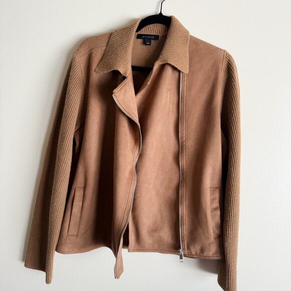 Ann Taylor Camel Tan Multimedia Suede + Knit Collared Moto Jacket Large - Picture 3 of 11